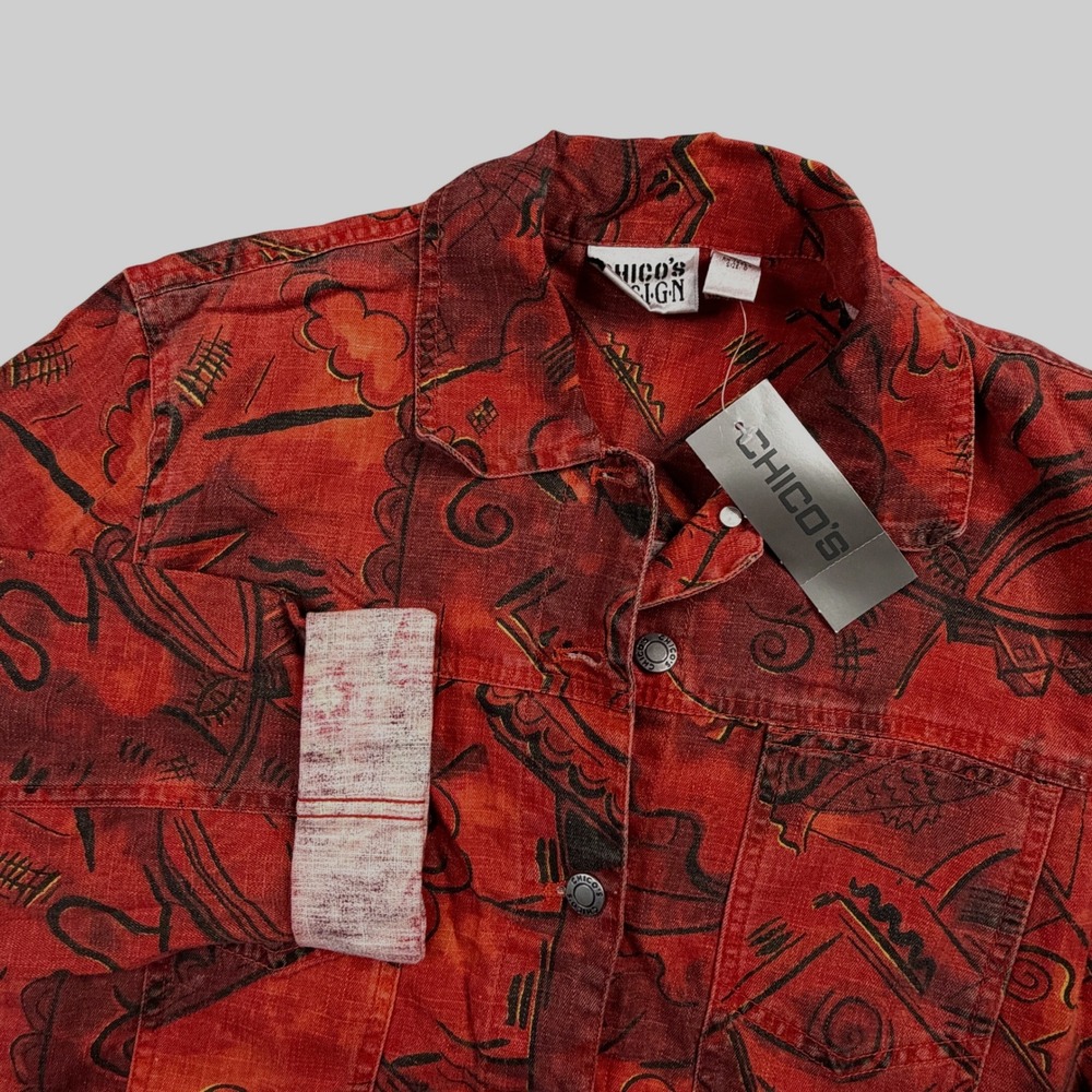 NWT Chicos Design Red Abstract Print Linen Blend Button Up Jacket Size 0 Oversiz